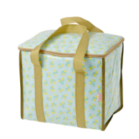 Cooler bag lemon print blue background gold handles Rice DK